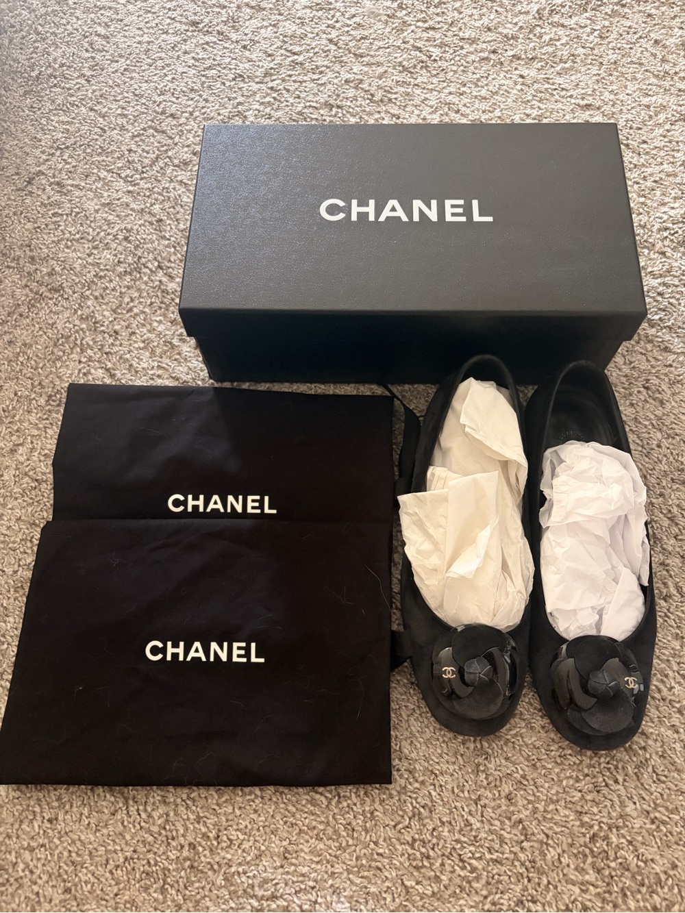 CHANEL Black Leather Camellia Loafers with CC Hardware